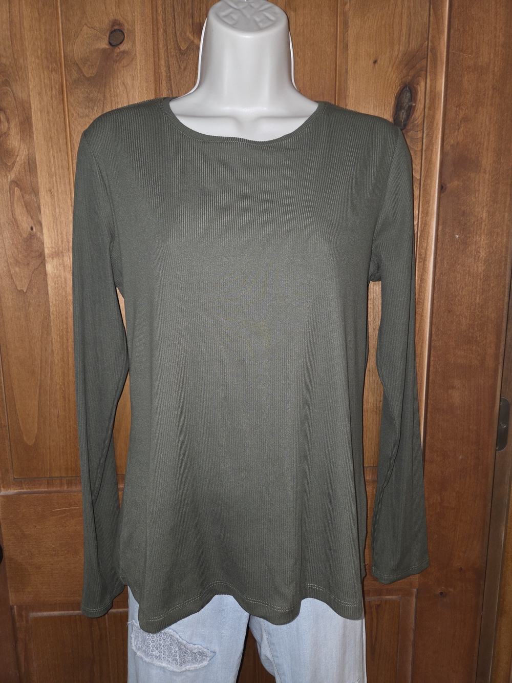 Nine West Olive Ribbed Long-Sleeve Tee
